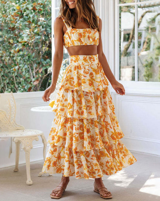 Summer holiday printed suspender cake skirt two-piece set