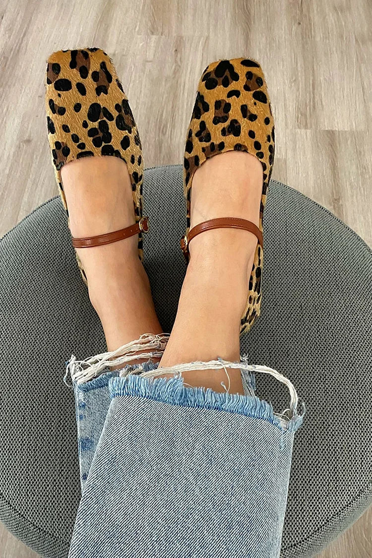 Square Toe Instep Strap Buckle Leopard Print Brown Flats [Pre Order]
