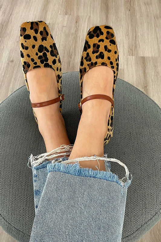 Square Toe Instep Strap Buckle Leopard Print Brown Flats [Pre Order]