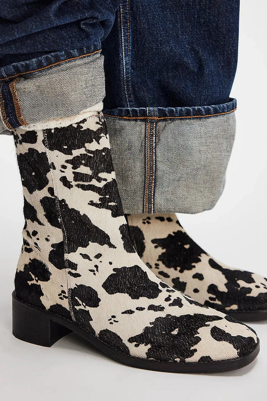 Cow Print Round Toe Chunky Heel Beige Ankle Boots [Pre Order]