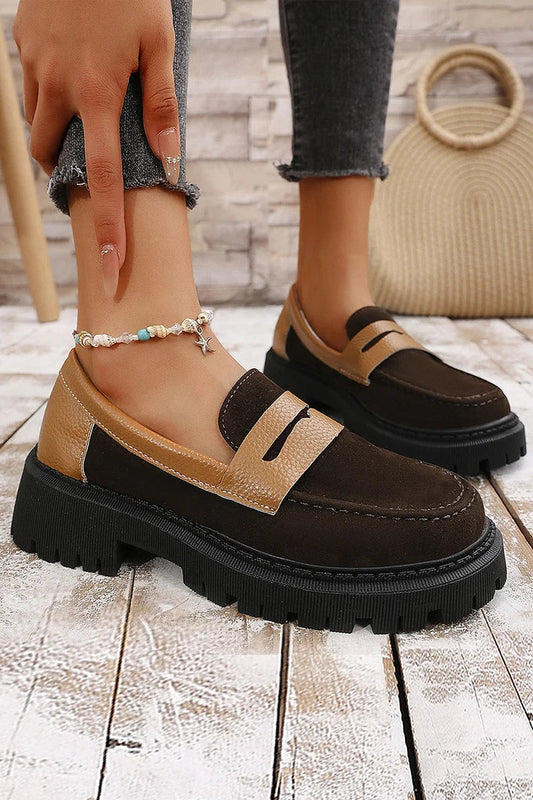 Colorblock Round Toe Patchwork Chunky Heel Casual Loafers