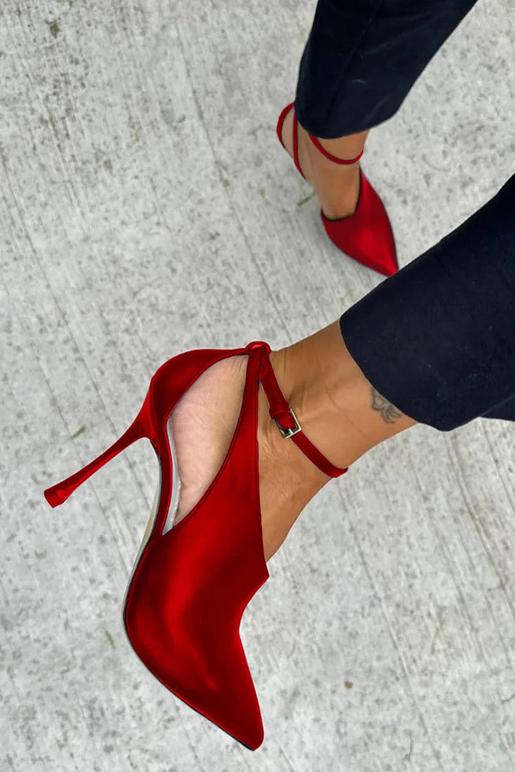 Ankle Strap Buckle Cutout Pointed Toe Red Stiletto Heels [Pre Order]