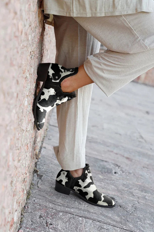 Star Shaped Metal Rivets Cow Print Black Ankle Boots