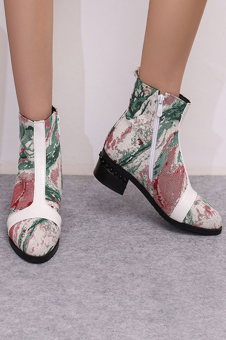 Colorblock Abstract Pattern Patchwork Round Toe Ankle Boots