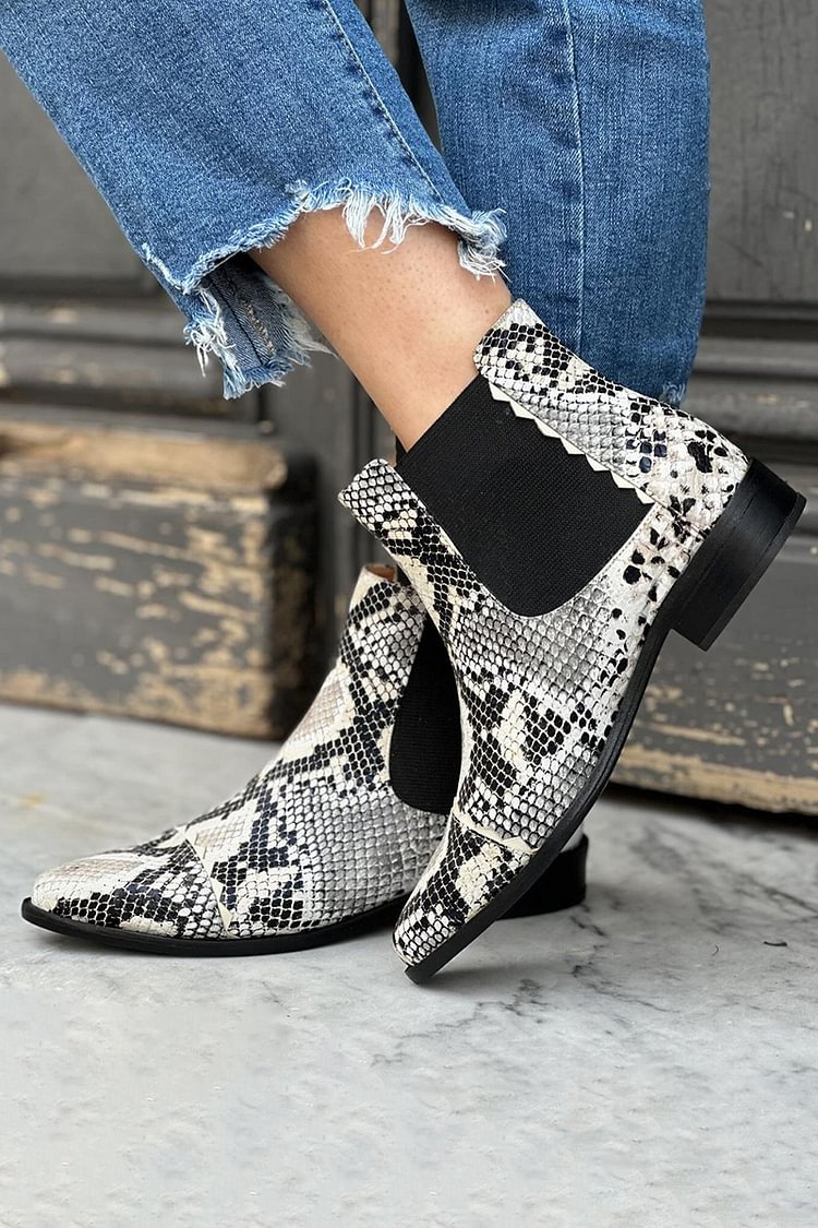 Snake Print Pointed Toe Patchwork Gray Ankle Boots [Pre Order]