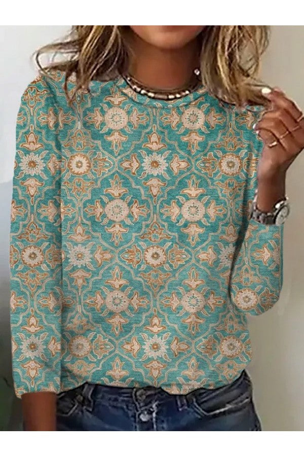 Casual Ethnic Crew Neck Long Sleeve Sweatshirt