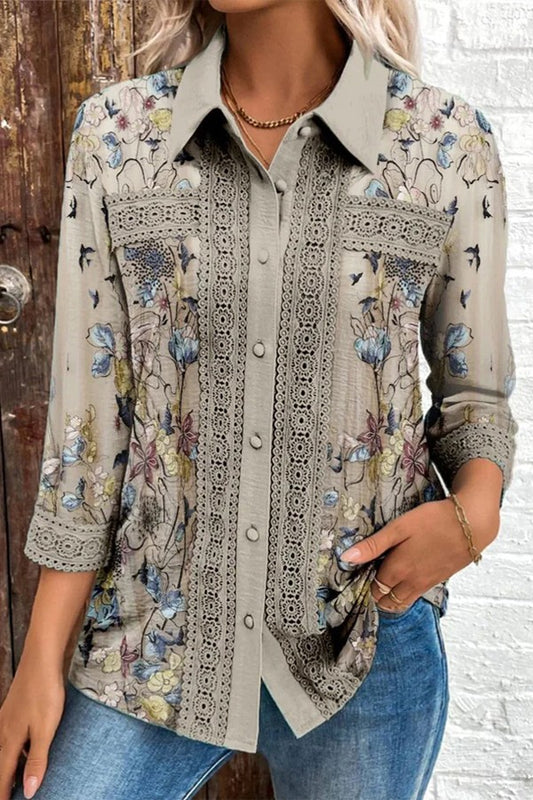 Women's Floral Pattern Shirt Collar Three Quarter Sleeve Loose Regular Shirt