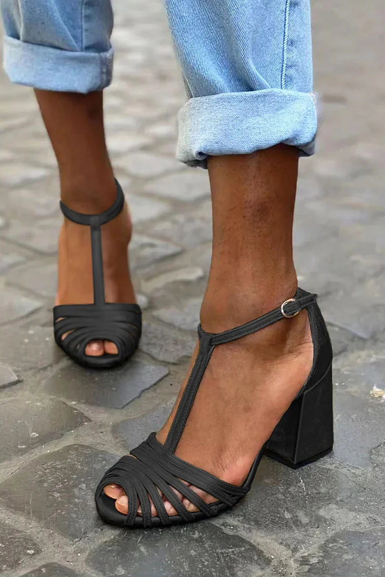 T-Strap Buckle Solid Color Peep Toe Black Chunky Heels [Pre Order]