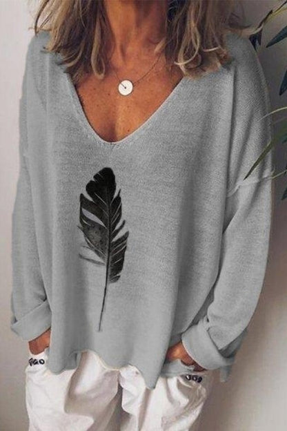 Women's V-neck Feather Print Long Sleeves Blouse