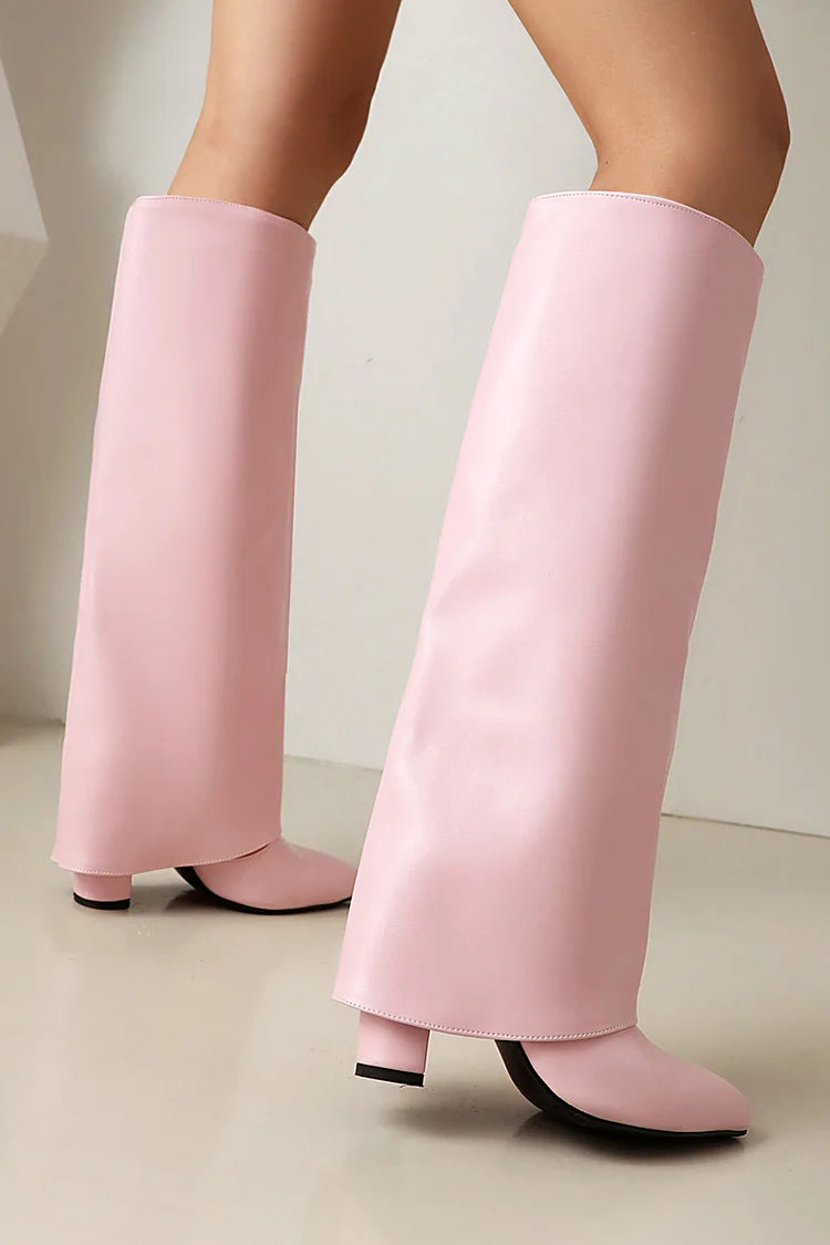 Fold Over Solid Color Pointed Toe Chunky Heel Knee High Boots