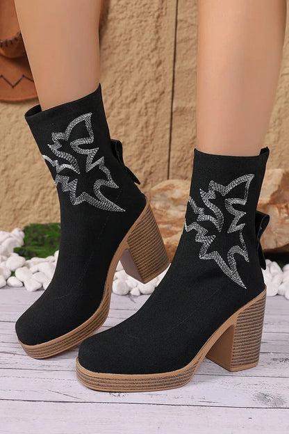 Embroidery Round Toe Chunky Heel Pull On Mid Boots