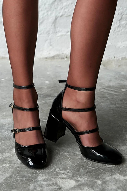 Solid Color Multi Straps Buckles Round Toe Black Chunky Heels [Pre Order]
