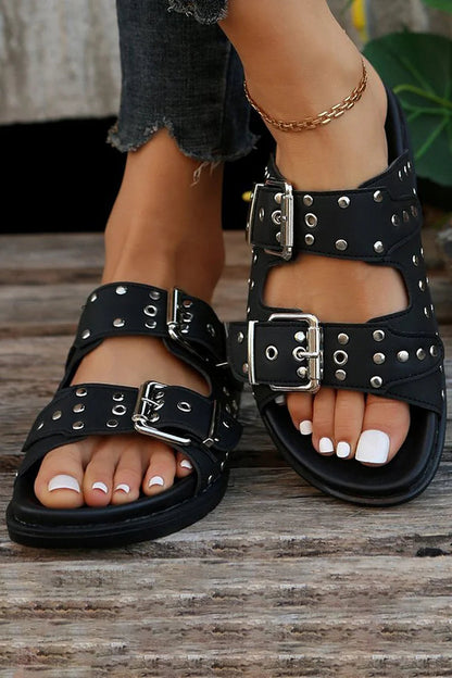 Studded Belt Buckle Round Toe Solid Color Slippers