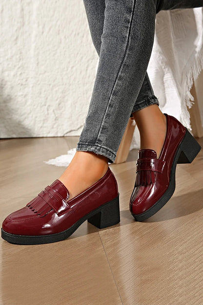 Patchwork Fringed Trim Round Toe Chunky Heel Loafers