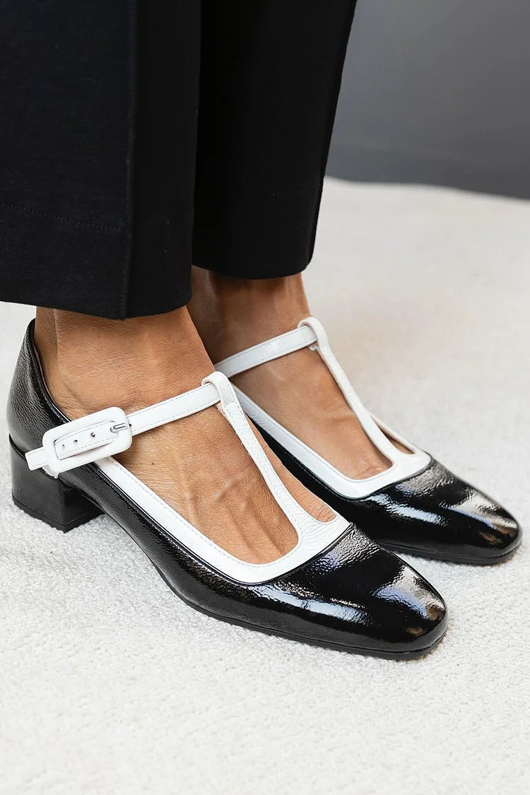 Colorblock T-Strap Buckle Square Toe Black Chunky Heels [Pre Order]