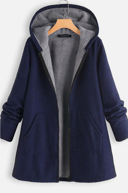 Solid Color Hooded Zipper Long Sleeves Fleece Warm Coat