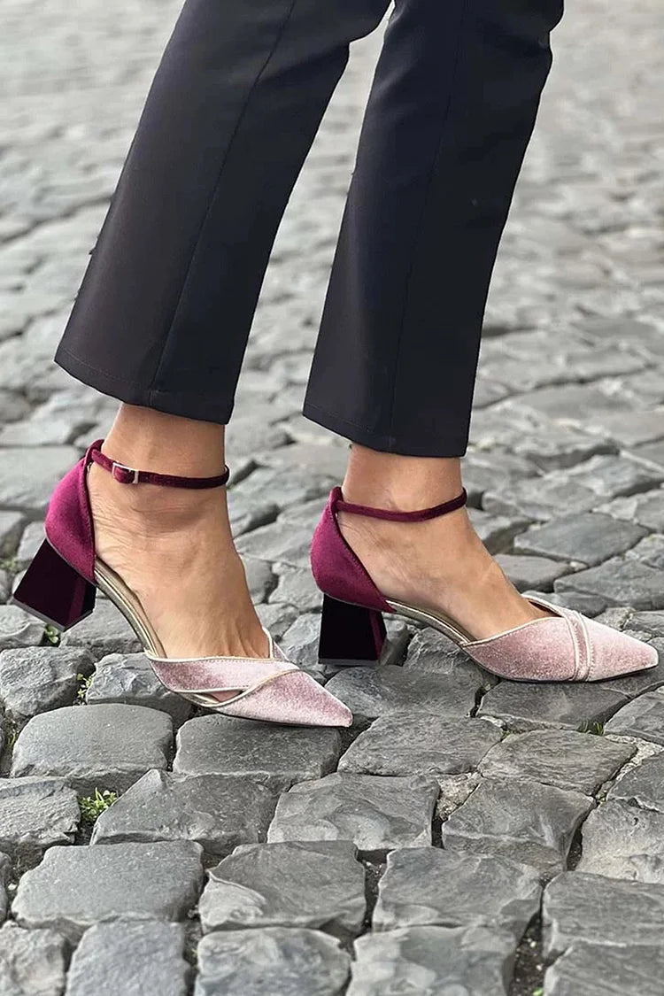 Colorblock Ankle Strap Buckle Pointed Toe Pink Chunky Heels [Pre Order]