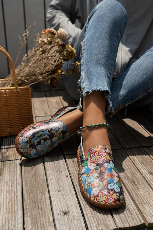 Multicolor Pattern Print Stitch Detail Round Toe Slip On Loafers