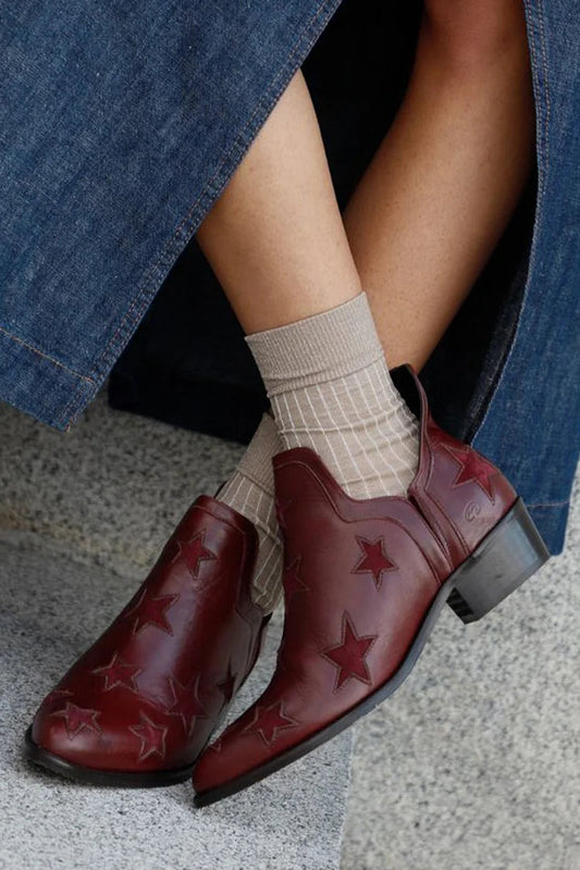 Star Pattern Pointed Toe Chunky Heel Burgundy Ankle Boots [Pre Order]