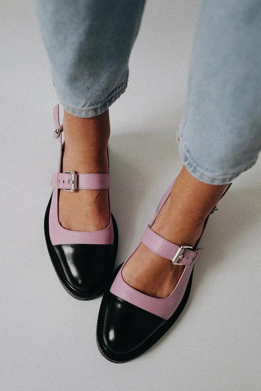 Colorblock Instep Strap Buckle Round Toe Pink Flats [Pre Order]