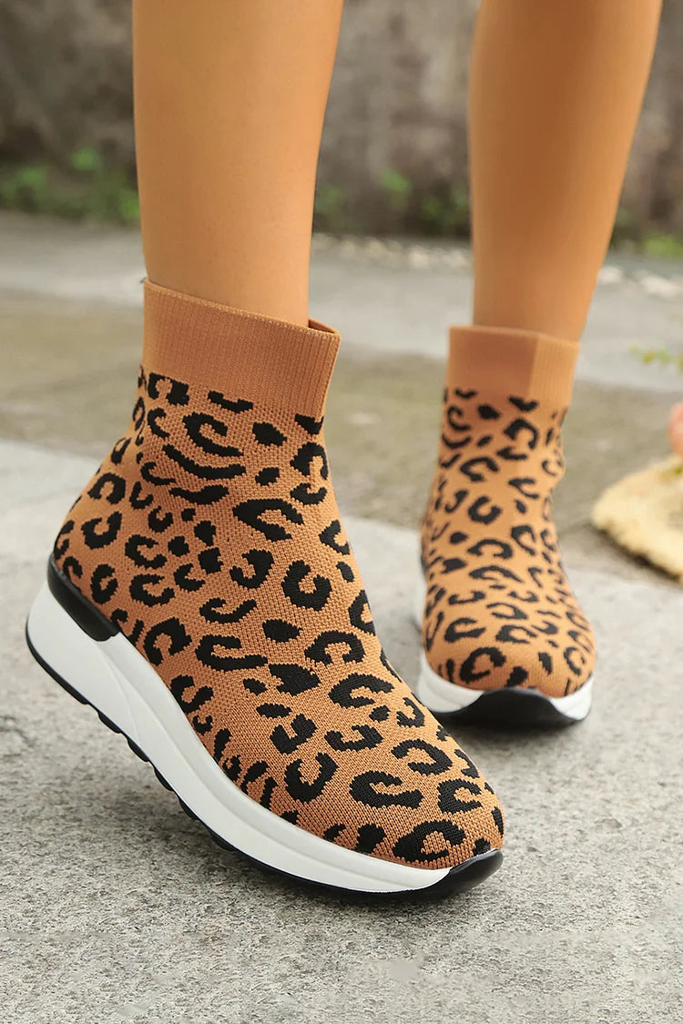 Colorblock Leopard Pattern Round Toe Casual Pull On Ankle Boots