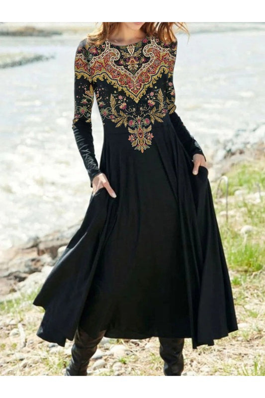 Ethnic Crew Neck Long Sleeve Regular Fit X-line Casual Maxi Holiday Dress