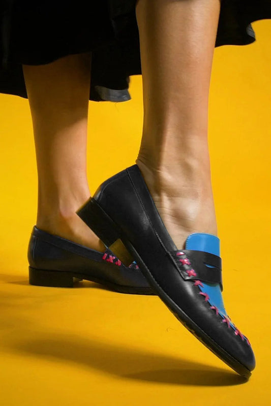 Colorblock Stitch Detail Round Toe Black Loafers [Pre Order]