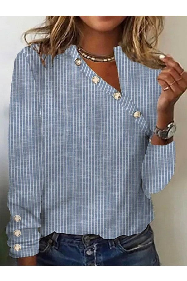 V Neck Casual Stripe Print Long Sleeves Blouse