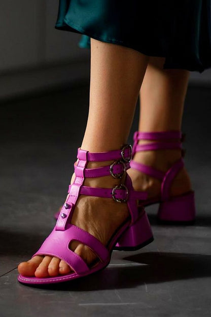 Cut Out Open Toe Multi Straps Buckles Magenta Low Heels [Pre Order]