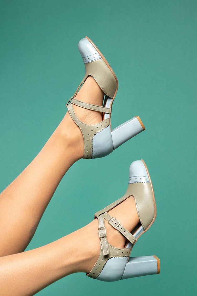 Round Toe T-Strap Buckle Colorblock Blue Chunky Heels [Pre Order]