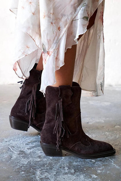 Pointed Toe Patchwork Tassels Dark Brown Western Boots [Pre Order]