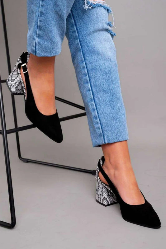 Pointed Toe Cut Out Snake Print Black Chunky Heels [Pre Order]