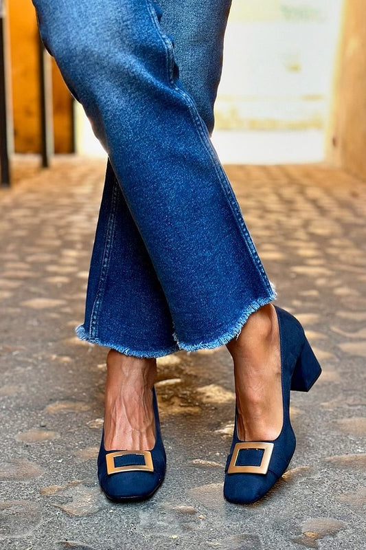 Patchwork Metal Decor Square Toe Navy Chunky Heels