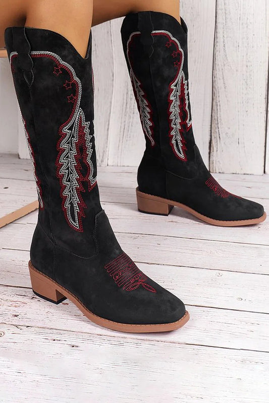 Patchwork Colorblock Embroidery Square Toe Knee High Boots