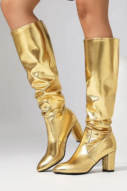 Metallic Sheen Slouch Pointed Toe Chunky Heel Knee High Boots