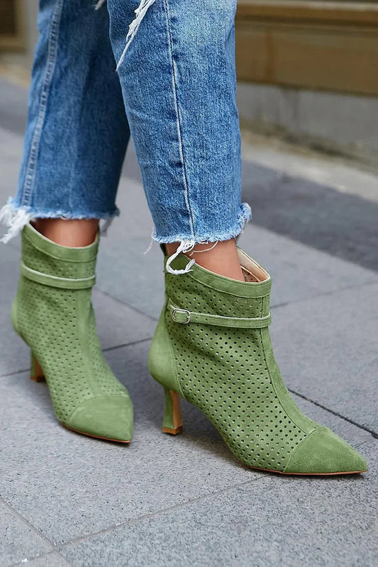 Strap Buckle Decor Hollow Out Pointed Toe Green Heels Boots [Pre Order]