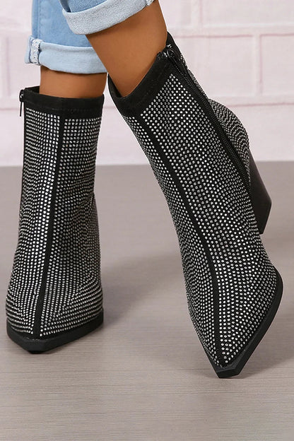 Rhinestone Pointed Toe Zipper Chunky Heel Ankle Boots