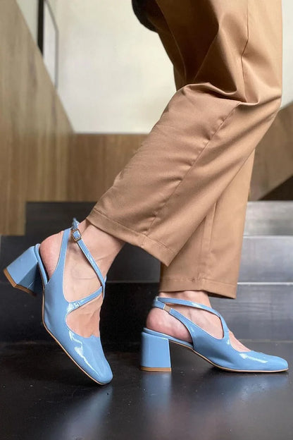 Crossover Strap Buckle Square Toe Blue Chunky Heels [Pre Order]