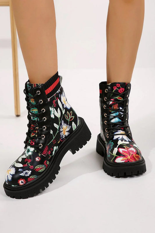 Multicolor Floral Print Patchwork Round Toe Chunky Heel Lace Up Ankle Boots