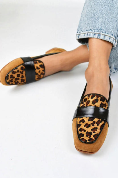 Leopard Print Patchwork Square Toe Brown Loafers [Pre Order]