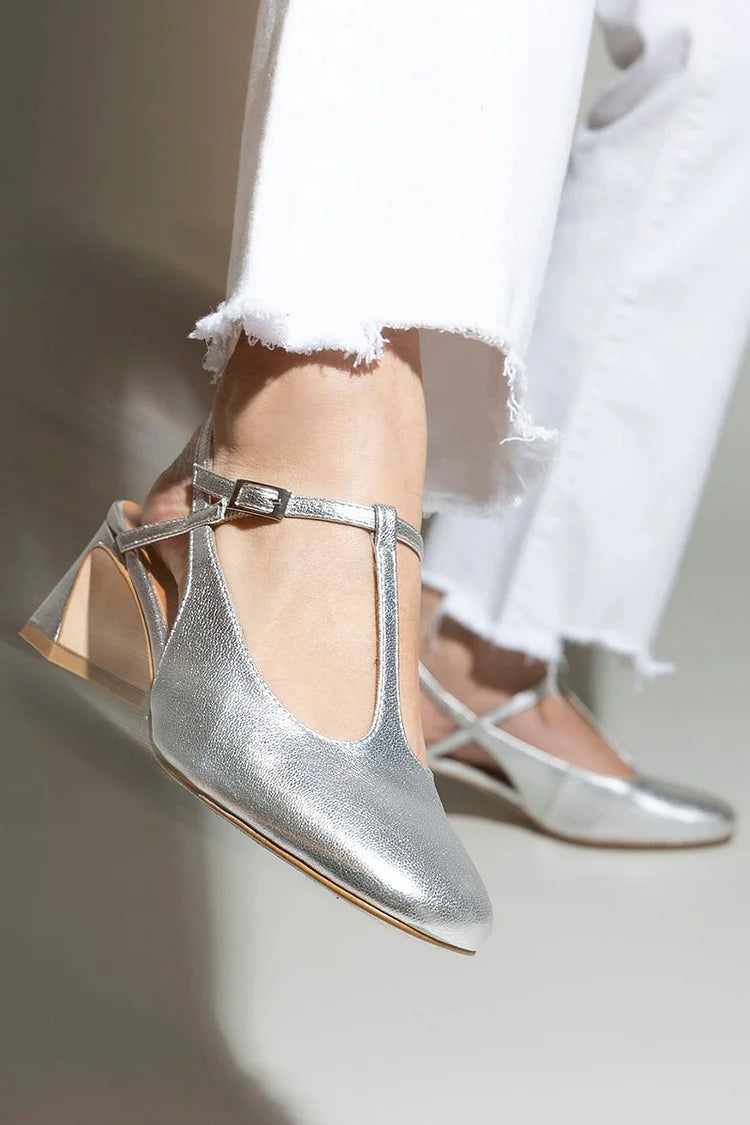 Solid Color T-Strap Buckle Slingback Silver Chunky Heels [Pre Order]