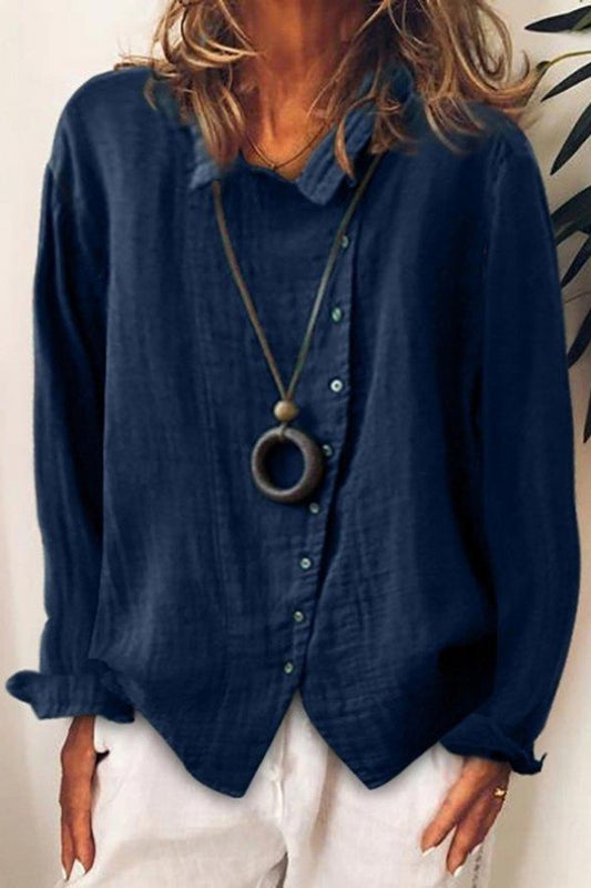 Solid Color Lapel Buttons Long Sleeves Blouse