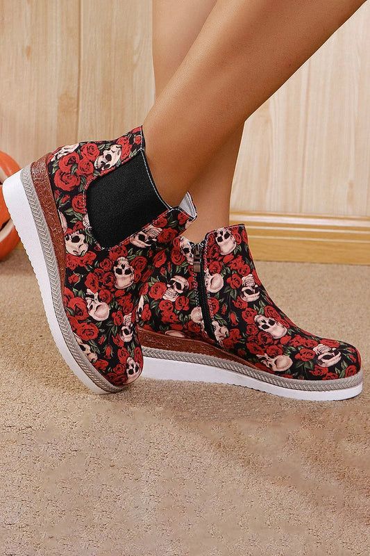 Halloween Roses Skull Print Round Toe Wedge Heel Ankle Boots