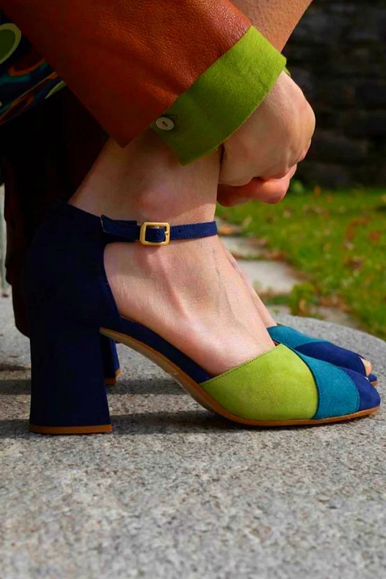 Colorblock Peep Toe Ankle Strap Buckle Navy Chunky Heels [Pre Order]