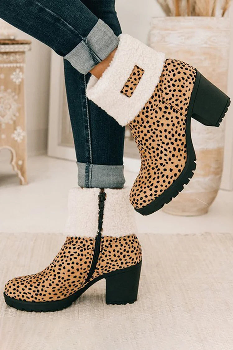 Fluffy Trim Animal Print Zipper Round Toe Chunky Heel Snow Boots