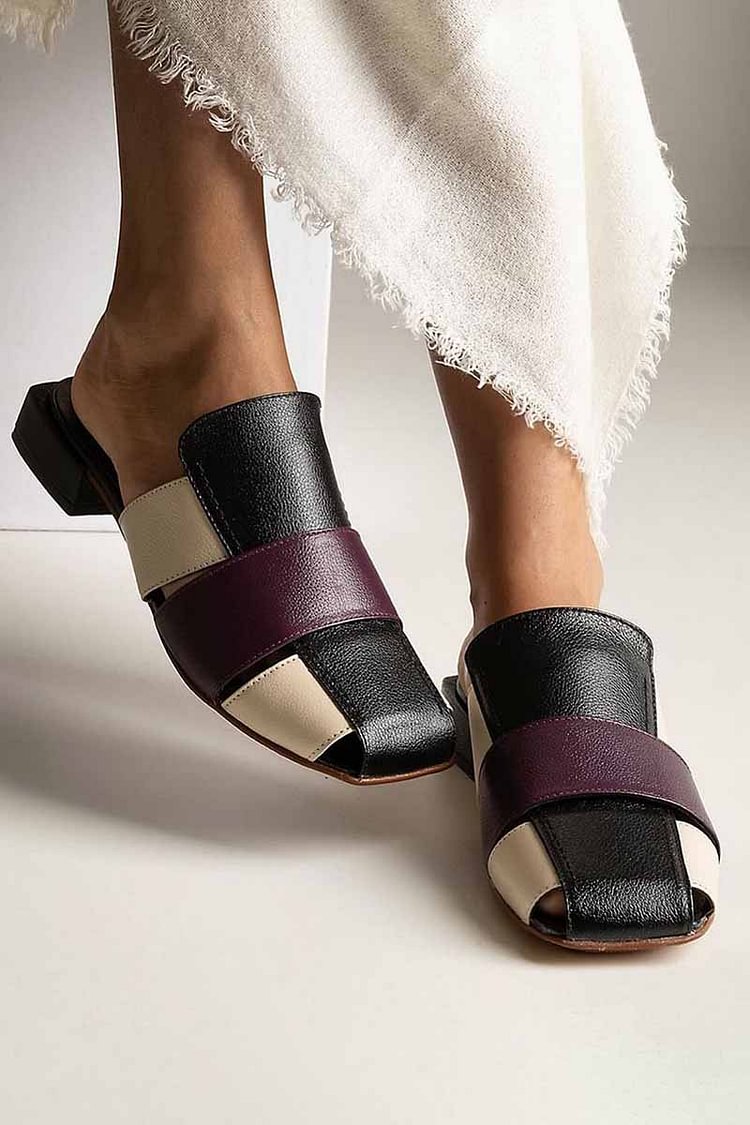 Colorblock Patchwork Square Toe Casual Black Mules [Pre Order]