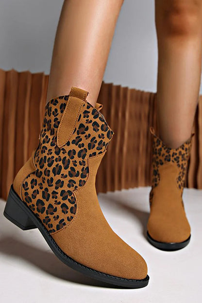 Patchwork Leopard Print Chunky Heel Round Toe Ankle Boots