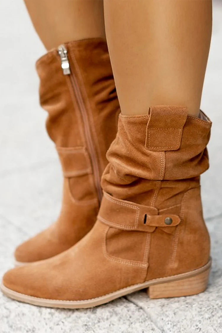 Solid Color Patchwork Round Toe Zipper Mid Boots