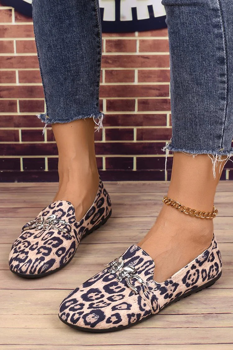 Metal Butterfly Decor Round Toe Leopard Print Loafers