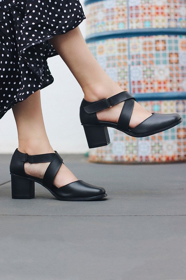 Crossover Strap Solid Color Black Chunky Heels [Pre Order]